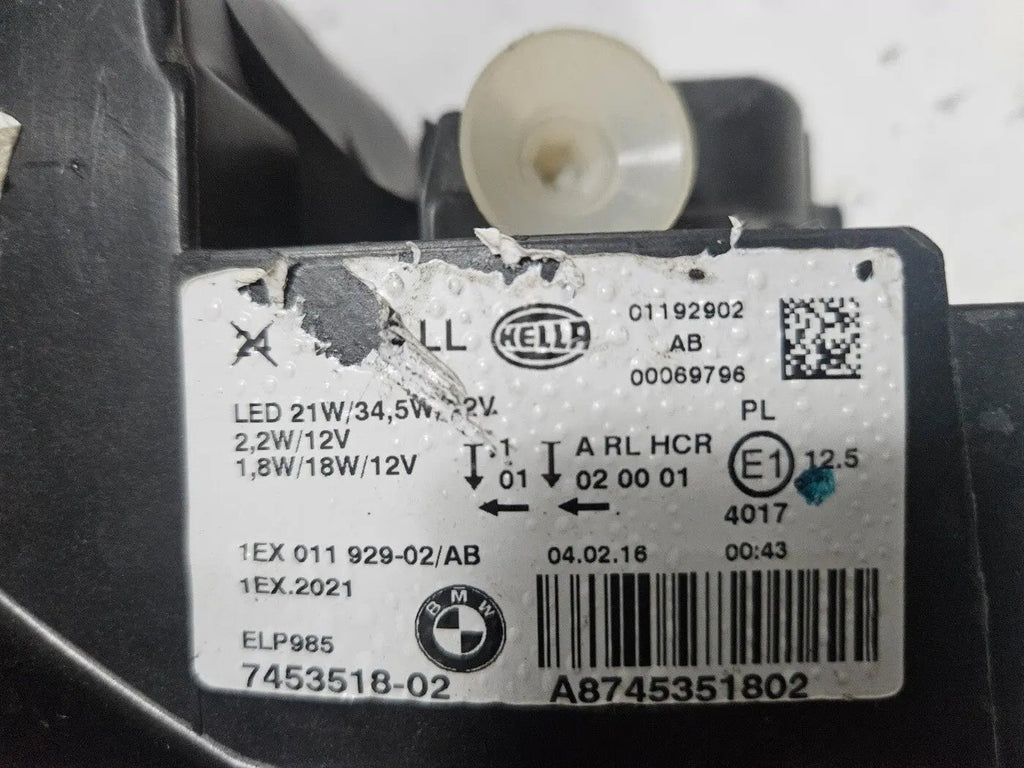 This image displays the right-side LED headlight for the BMW 1 Series F20 and F21 LCI (facelift) models, featuring OEM genuine quality with part number 7453518. This used original headlamp is designed for perfect fitment on facelifted versions, delivering bright LED illumination, modern styling, and dependable performance true to BMW standards